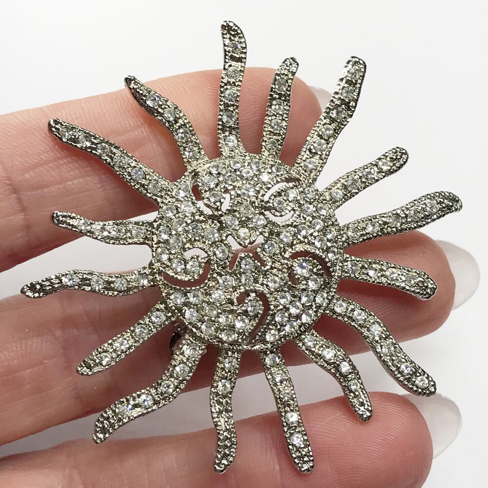 Vintage Oversized Large Statement Sunburst Clear Crystal Rhinestone Brooch Pin